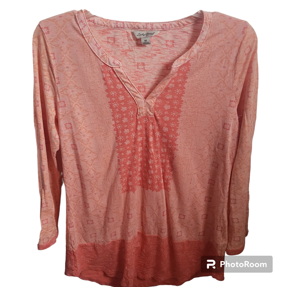 Lucky Brand Top Womens M Coral Peach Geometric Floral Split Neck 3/4 Sleeve Boho